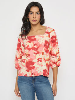 Madame - Floral Print Square Neck Coral Top