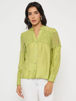 Madame - Lace Detailed Pleated Front Green Shirt