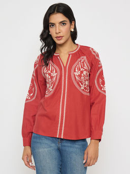 Madame - Floral Embroidery Red Viscose Blend Top