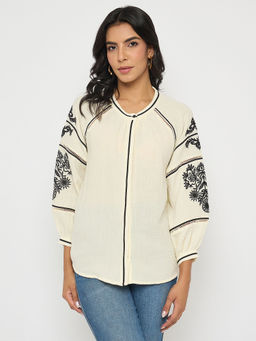 Madame - Embroidered Pleat Detailing Off White Cotton Top