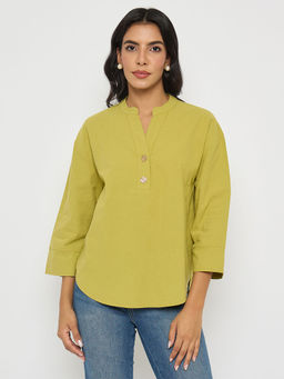 Madame - Button Detail Solid Green Cotton Top