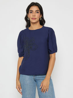 Madame - Embellished Rayon Blend Navy Blue Top