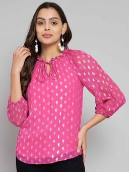 AMAGYAA - Lurex Pink Puff Sleeves Top