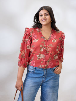 Globus - Women Red Puff Sleeves Floral Print Ruffle Detail Plus Size Shirt