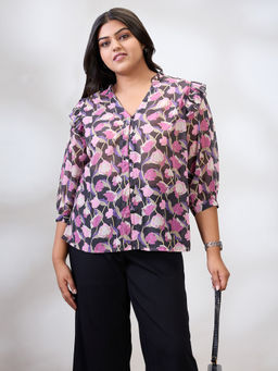 Globus - Women Black Puff Sleeves Floral Print Ruffle Detail Plus Size Shirt