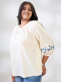 Globus - Women White Round Keyhole Neck Embroidered Top