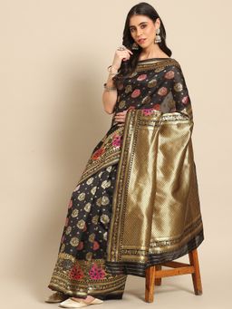 Akhilam - Womens Silk Blend Black Woven Design Celebrity Saree with Unstitched Blouse