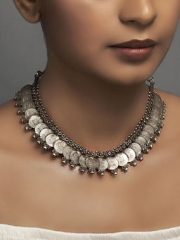 Divas Mantra - 92.5 Silver Oxidised Recitation Necklace with Red Spinel Stones