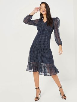 Styli - Blue Long Sleeves Ditsy Heart Print Tiered Midi Dress