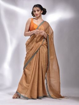 CHARUKRITI - Beige Tissue Handwoven Soft Saree with Unstitched Blouse