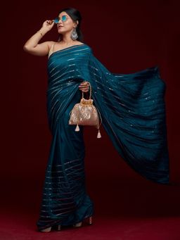 Koskii - Peacock Blue Swarovski Georgette Saree with Unstitched Blouse