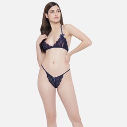 Secrets By ZeroKaata - Women Navy Blue Lace Lingerie Set