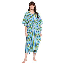Secrets By ZeroKaata - Pure Cotton Striped Kaftan Long Nightdress For Women Multi-Color