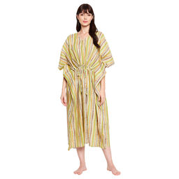 Secrets By ZeroKaata - Pure Cotton Striped Kaftan Long Nightdress For Women Multi-Color
