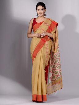 CHARUKRITI - Beige Tissue Handwoven Saree with Red Border Without Blouse