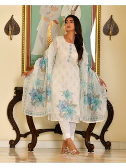 Vaasva Jaipur - Women White Cotton Floral Kurta with Pant and Dupatta