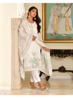 Vaasva Jaipur - Women White Cotton Floral Kurta with Pant and Dupatta