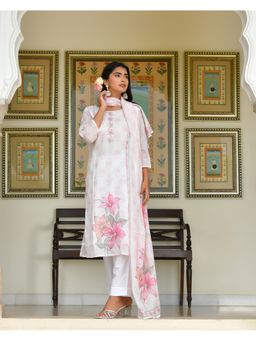 Vaasva Jaipur - Women White Cotton Floral Kurta with Pant and Dupatta