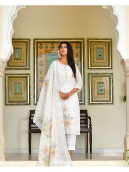 Vaasva Jaipur - Women White Cotton Floral Kurta with Pant and Dupatta
