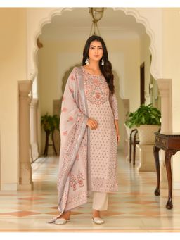 Vaasva Jaipur - Women Grey Cotton Floral Kurta with Pant and Dupatta