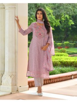 Vaasva Jaipur - Women Purple Cotton Floral Kurta with Pant and Dupatta