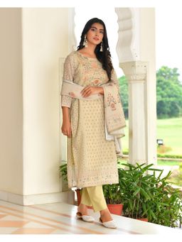 Vaasva Jaipur - Women Yellow Cotton Floral Kurta with Pant and Dupatta