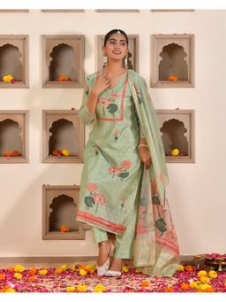Vaasva Jaipur - Women Green Cotton Floral Kurta with Pant and Dupatta
