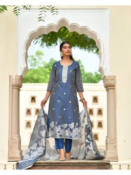Vaasva Jaipur - Women Blue Cotton Floral Kurta with Pant and Dupatta