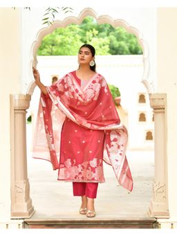 Vaasva Jaipur - Women Red Cotton Floral Kurta with Pant and Dupatta