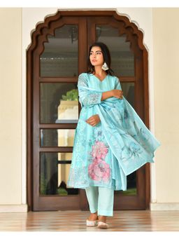 Vaasva Jaipur - Women Blue Cotton Floral Kurta with Pant and Dupatta