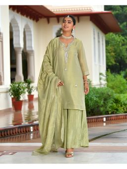 Vaasva Jaipur - Women Green Cotton Embroidered Kurta with Sharara and Dupatta