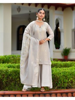 Vaasva Jaipur - Women Grey Cotton Embroidered Kurta with Sharara and Dupatta