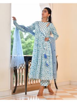 Vaasva Jaipur - Women Blue Cotton Floral Anarkali Kurta with Pant and Dupatta