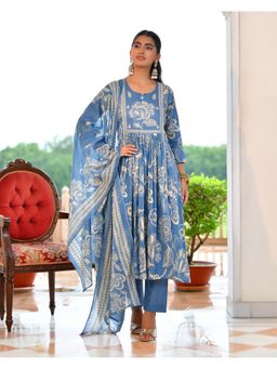 Vaasva Jaipur - Women Blue Cotton Floral Kurta with Pant and Dupatta