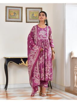 Vaasva Jaipur - Women Purple Cotton Floral Kurta with Pant and Dupatta
