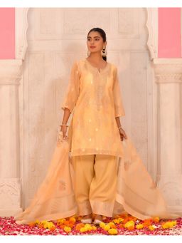 Vaasva Jaipur - Women Yellow Cotton Embroidered Kurta with Pant and Dupatta