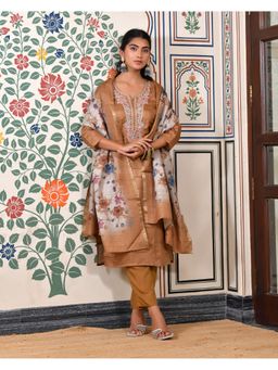 Vaasva Jaipur - Women Brown Cotton Embroidered Kurta with Pant and Dupatta