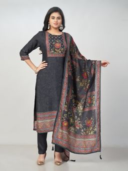 Amchoor - Women Black Raw Silk Floral Kurta with Pant and Dupatta