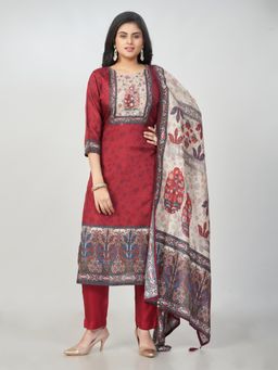Amchoor - Women Maroon Raw Silk Floral Kurta with Pant and Dupatta