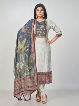 Amchoor - Women Grey Raw Silk Floral Kurta with Pant and Dupatta