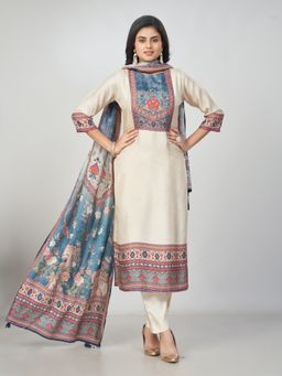Amchoor - Women Cream Raw Silk Floral Kurta with Pant and Dupatta