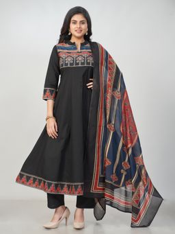 Amchoor - Women Black Cotton Floral Anarkali Kurta with Pant and Dupatta