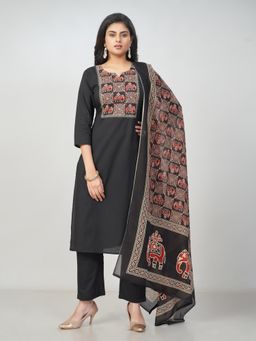 Amchoor - Women Black Cotton Print Kurta with Pant and Dupatta