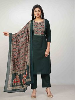 Amchoor - Women Green Cotton Print Kurta with Pant and Dupatta