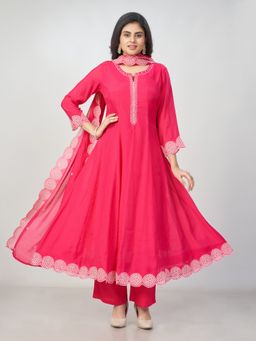 Amchoor - Women Pink Chanderi Solid Anarkali Kurta with Pant and Dupatta