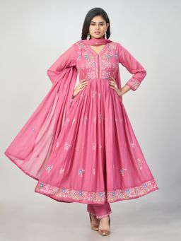 Amchoor - Women Mauve Cotton Floral Anarkali Kurta with Pant and Dupatta