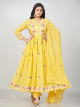 Amchoor - Women Yellow Cotton Floral Kurta with Pant and Dupatta