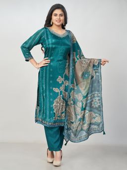 Amchoor - Women Teal Silk Floral Kurta with Pant and Dupatta