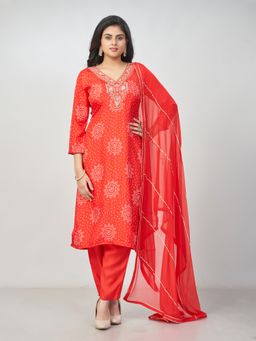 Amchoor - Women Red Art Silk Printed Kurta with Pant and Dupatta