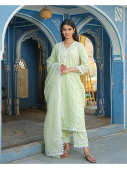 GULABI DORI - Women Green Cotton Embroidered Kurta with Pant and Dupatta
